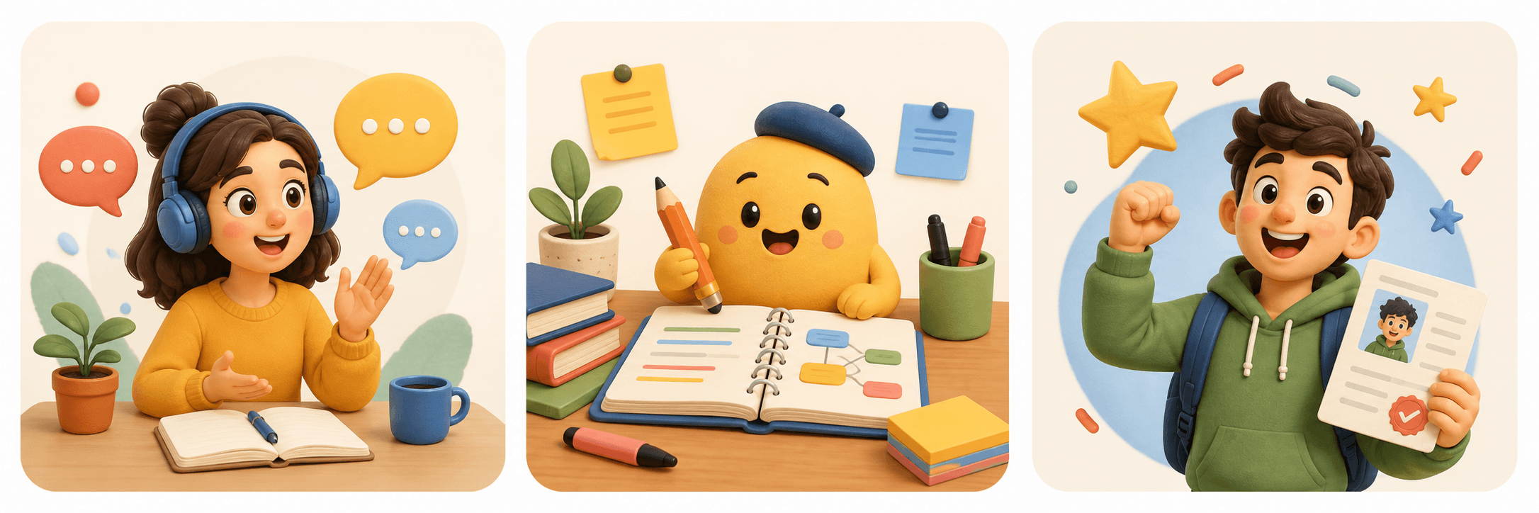 Cartoon French learner practising writing and grammar